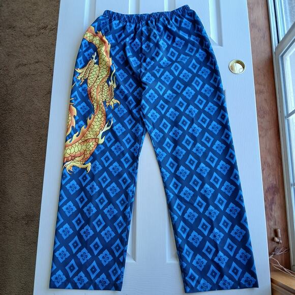 Blue Argyle Golden Dragon Graphic Print PJ Pants Large pajama bottoms trousers - Picture 12 of 13